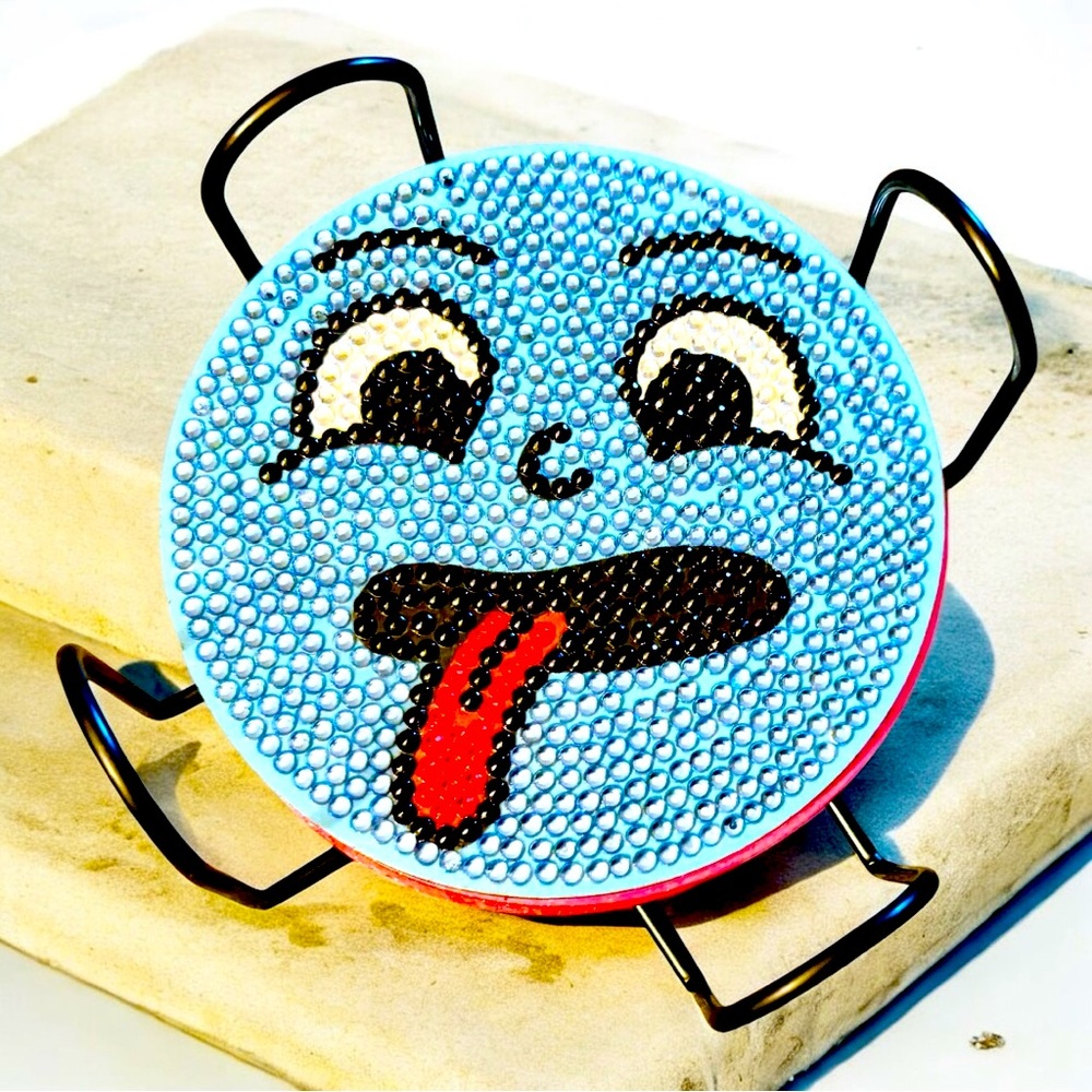 Fun Face Coaster Set of 6 w/ Holder Hand Crafted & Sealed Diamond Art 4” - Picture 3 of 3